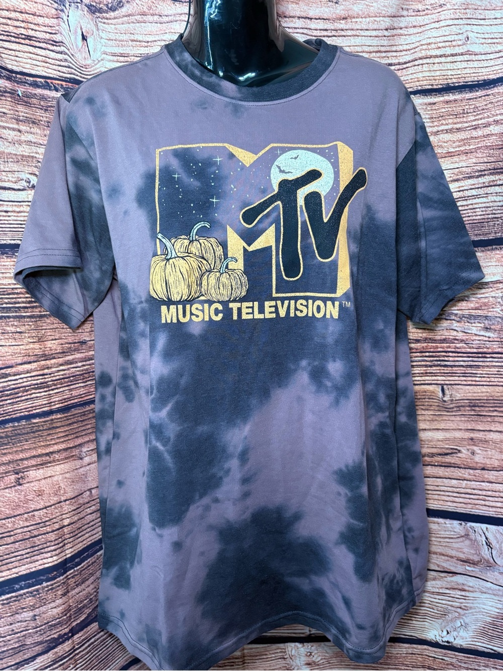 MTV Black & Brown Tie Dye Pumpkin Patch Graphic Tee Halloween Fall